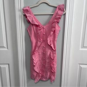 Olivaceous preppy pink ruffle mini dress